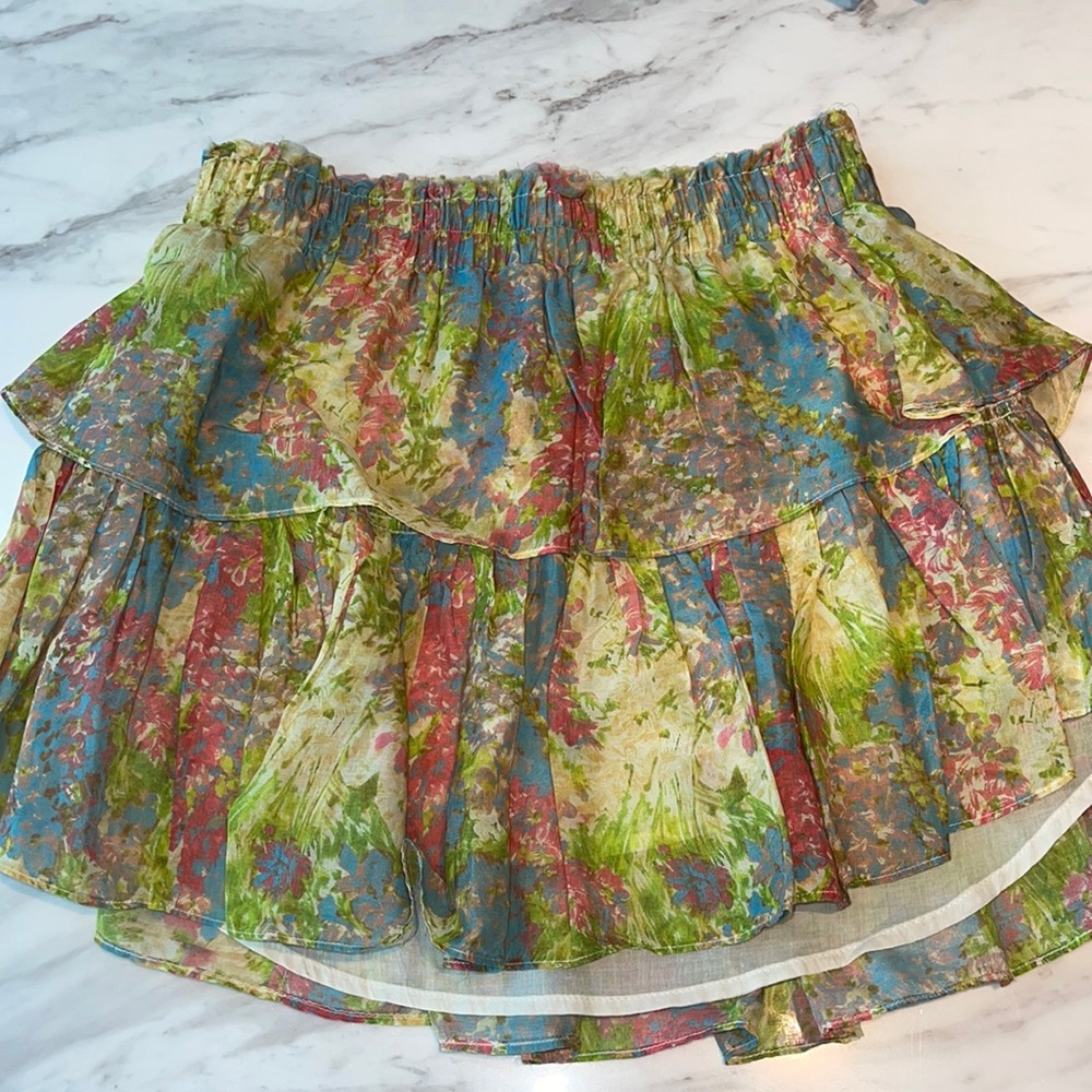 Love Shack Fancy green ruffle mini skirt